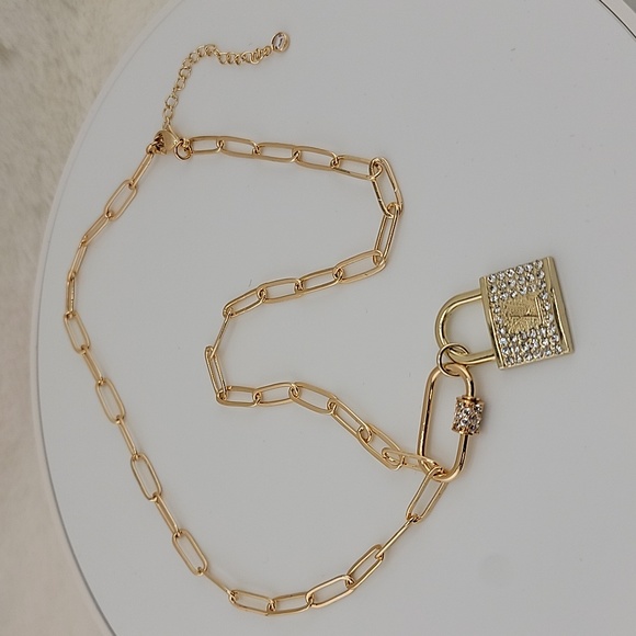 LV Gold and Rhinestone Lock Paperclip Necklace - Picture 7 of 8